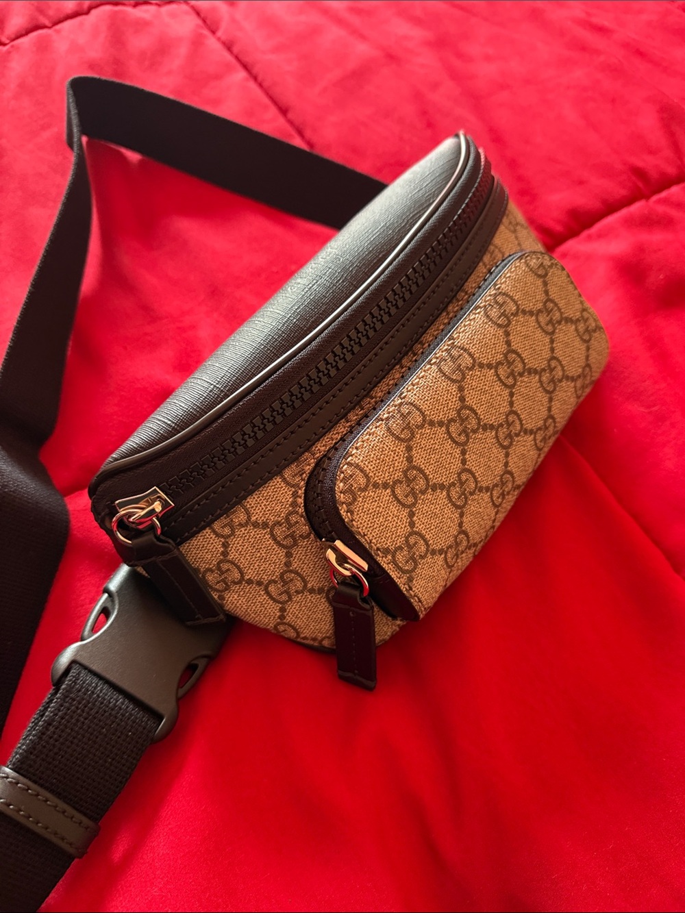 Gucci Beige GG Canvas Belt Bag with Black Trim